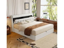 Cama de arrumação 140 x 200 cm com cabeceira de arrumação - LEDs - Couro PU - Branco (sem colchão)