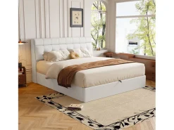 Cama de arrumação 140 x 200 cm com cabeceira de arrumação - LEDs - Couro PU - Branco (sem colchão)