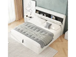 Cama de arrumação 140 x 200 cm com cabeceira de arrumação - LEDs - Couro PU - Branco (sem colchão)