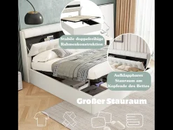 Cama de arrumação 140 x 200 cm com cabeceira de arrumação - LEDs - Couro PU - Branco (sem colchão)