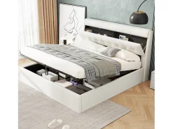 Cama de arrumação 160 x 200 cm com cabeceira de arrumação - LEDs - Couro PU - Branco (sem colchão)