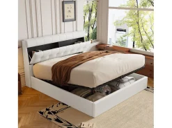 Cama de arrumação 160 x 200 cm com cabeceira de arrumação - LEDs - Couro PU - Branco (sem colchão)