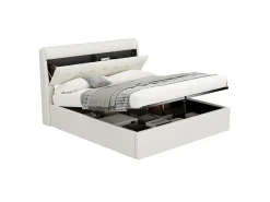 Cama de arrumação 160 x 200 cm com cabeceira de arrumação - LEDs - Couro PU - Branco (sem colchão)