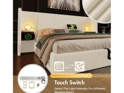 Cama de arrumação em bombazine 160x200cm - 2 mesas de cabeceira com luz de leitura e função de carregamento - com base de ripas - Bege