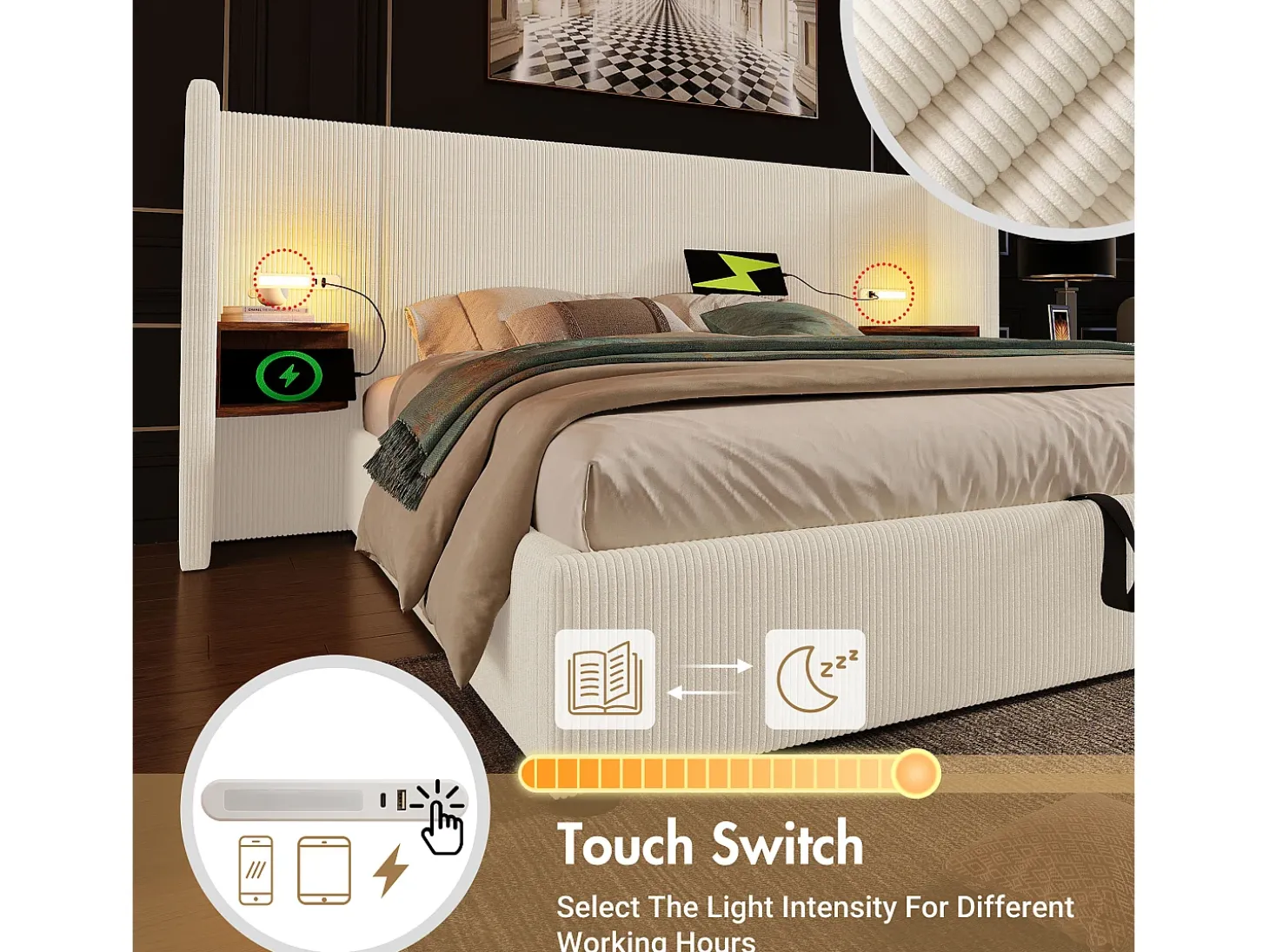 Cama de arrumação em bombazine 160x200cm - 2 mesas de cabeceira com luz de leitura e função de carregamento - com base de ripas - Bege