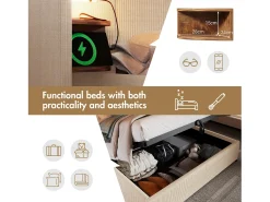 Cama de arrumação em bombazine 160x200cm - 2 mesas de cabeceira com luz de leitura e função de carregamento - com base de ripas - Bege