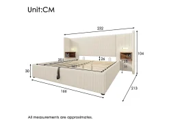 Cama de arrumação em bombazine 160x200cm - 2 mesas de cabeceira com luz de leitura e função de carregamento - com base de ripas - Bege