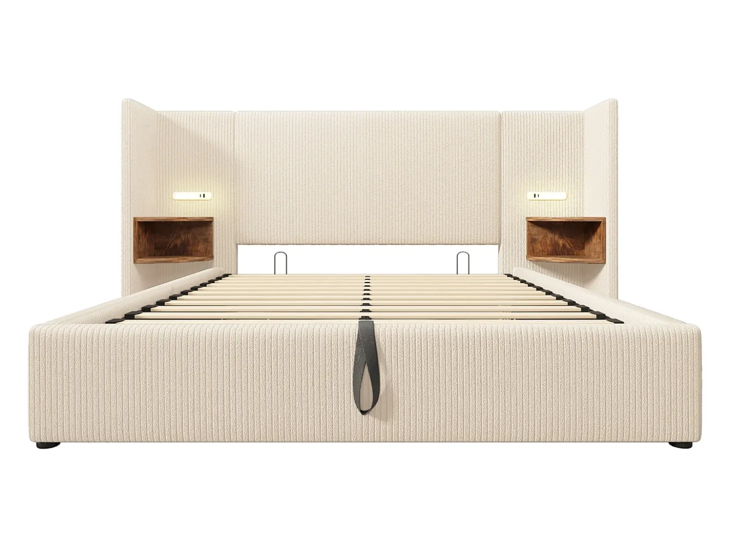 Cama de arrumação em bombazine 160x200cm - 2 mesas de cabeceira com luz de leitura e função de carregamento - com base de ripas - Bege