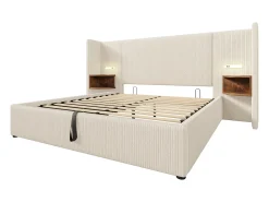 Cama de arrumação em bombazine 160x200cm - 2 mesas de cabeceira com luz de leitura e função de carregamento - com base de ripas - Bege