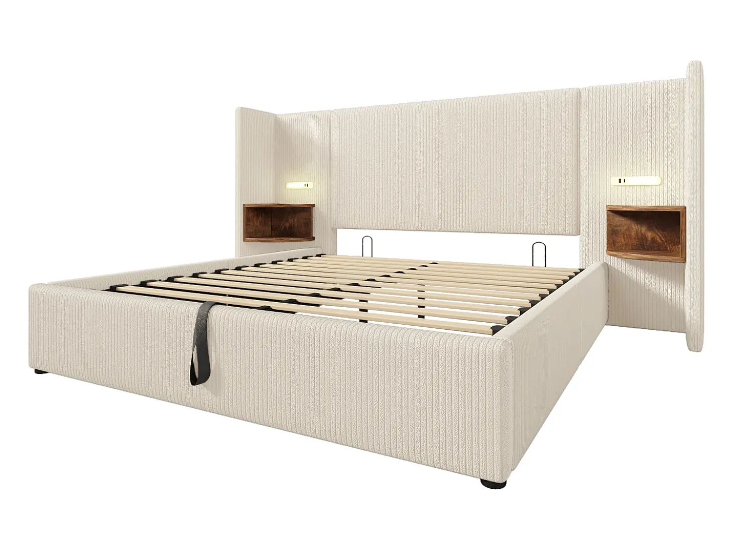 Cama de arrumação em bombazine 160x200cm - 2 mesas de cabeceira com luz de leitura e função de carregamento - com base de ripas - Bege