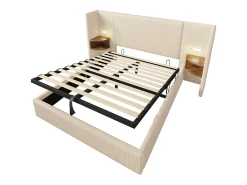 Cama de arrumação em bombazine 160x200cm - 2 mesas de cabeceira com luz de leitura e função de carregamento - com base de ripas - Bege