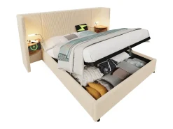 Cama de arrumação em bombazine 180x200cm - 2 mesas de cabeceira com luz de leitura e função de carregamento - com base de ripas - Bege