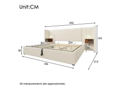 Cama de arrumação em bombazine 180x200cm - 2 mesas de cabeceira com luz de leitura e função de carregamento - com base de ripas - Bege