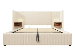 Cama de arrumação em bombazine 180x200cm - 2 mesas de cabeceira com luz de leitura e função de carregamento - com base de ripas - Bege