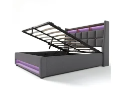 Cama de arrumação em linho 160x200cm com portas LED e USB - base de ripas - cinzento