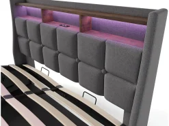 Cama de arrumação em linho 160x200cm com portas LED e USB - base de ripas - cinzento