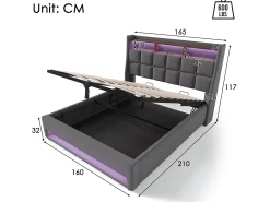 Cama de arrumação em linho 160x200cm com portas LED e USB - base de ripas - cinzento