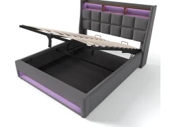Cama de arrumação em linho 160x200cm com portas LED e USB - base de ripas - cinzento
