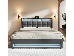 Cama de arrumação em linho 160x200cm com portas LED e USB - base de ripas - cinzento