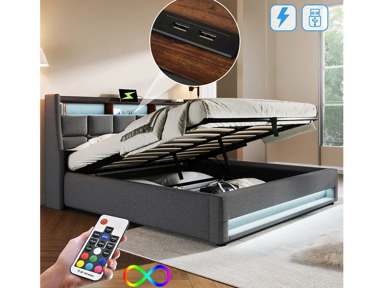 Cama de arrumação em linho 180x200cm com portas LED e USB - base de ripas - cinzento