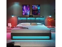 Cama de arrumação em linho 180x200cm com portas LED e USB - base de ripas - cinzento