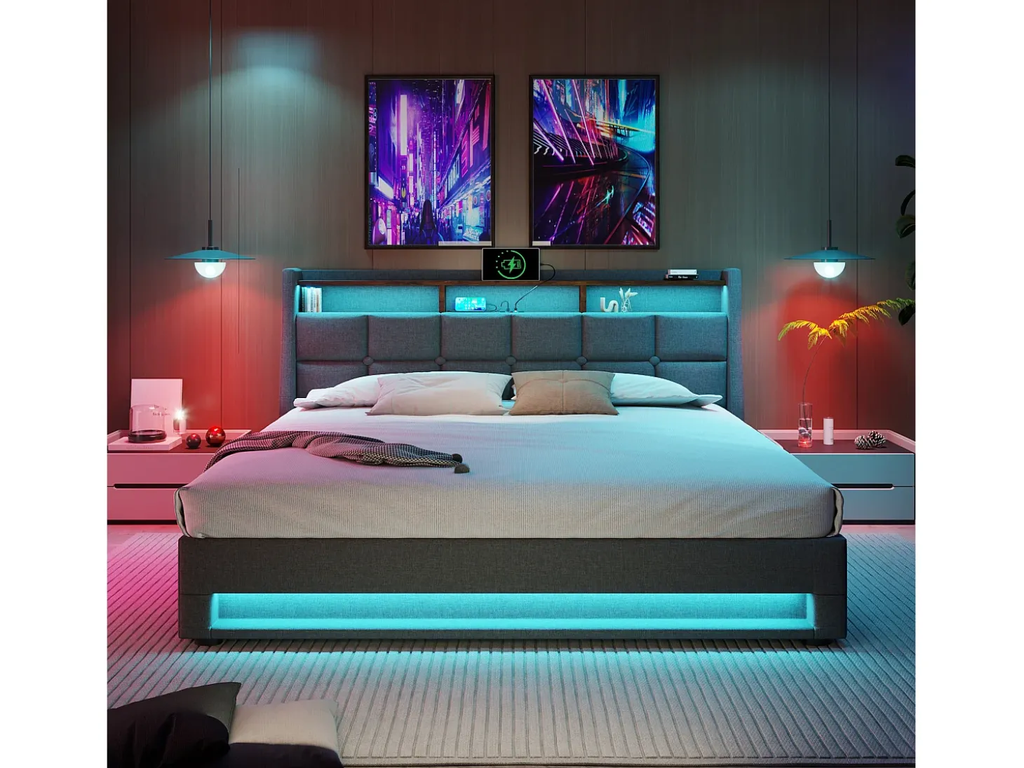 Cama de arrumação em linho 180x200cm com portas LED e USB - base de ripas - cinzento