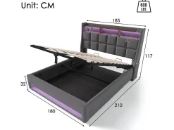 Cama de arrumação em linho 180x200cm com portas LED e USB - base de ripas - cinzento