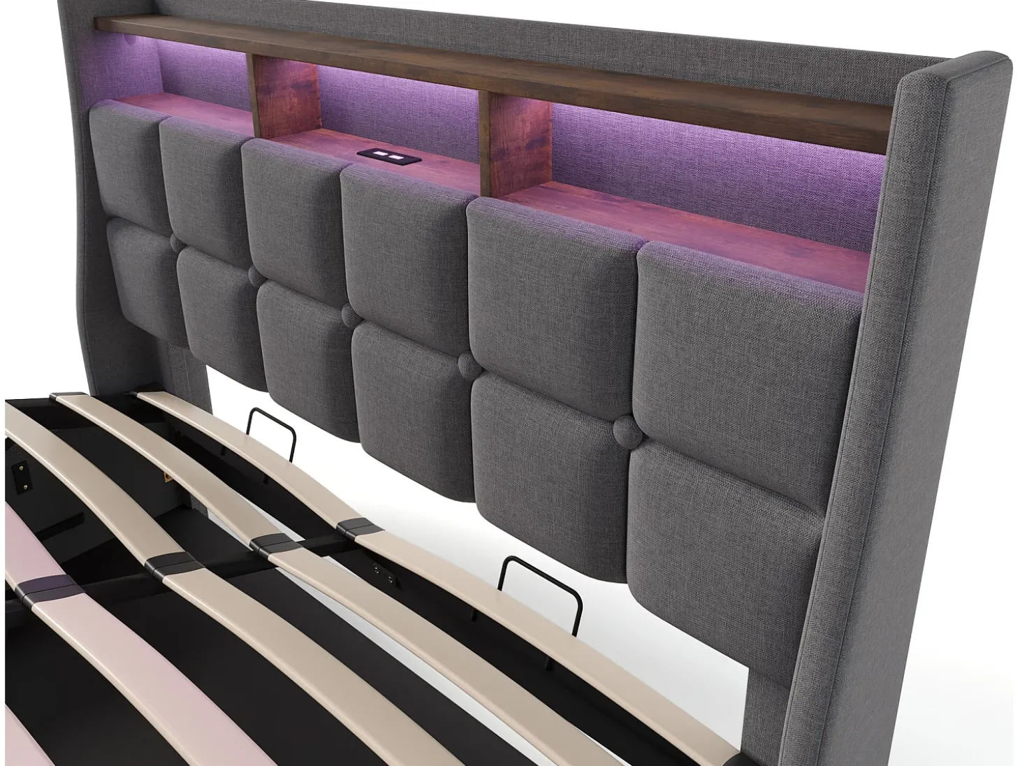 Cama de arrumação em linho 180x200cm com portas LED e USB - base de ripas - cinzento