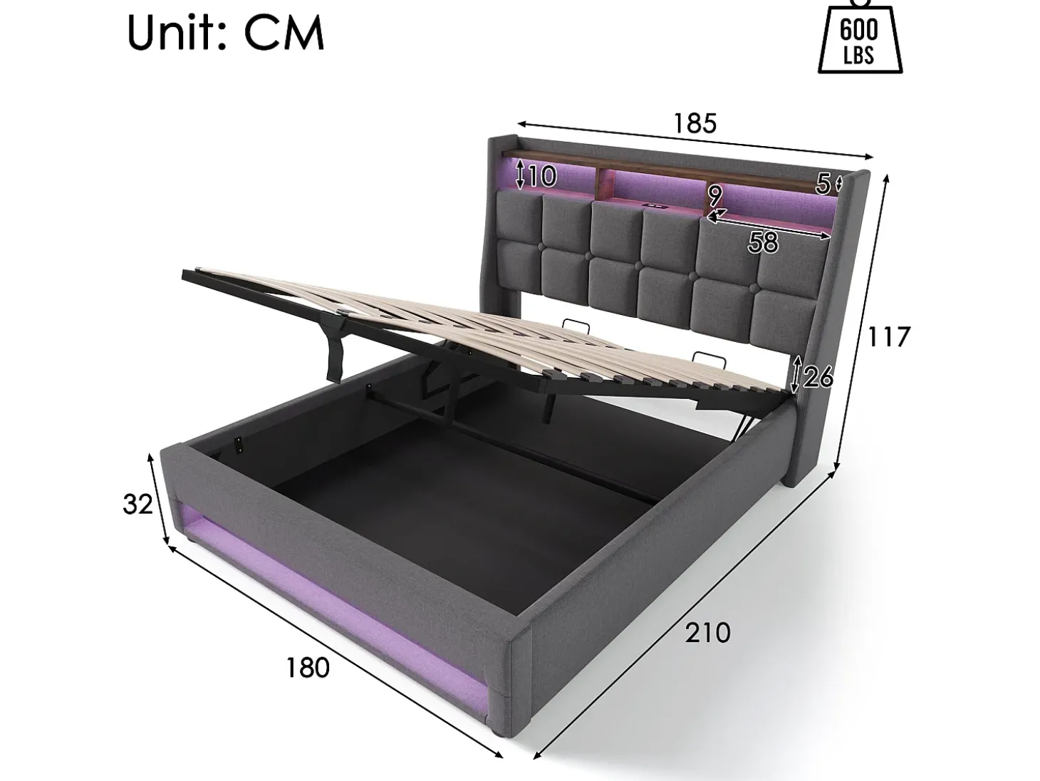 Cama de arrumação em linho 180x200cm com portas LED e USB - base de ripas - cinzento