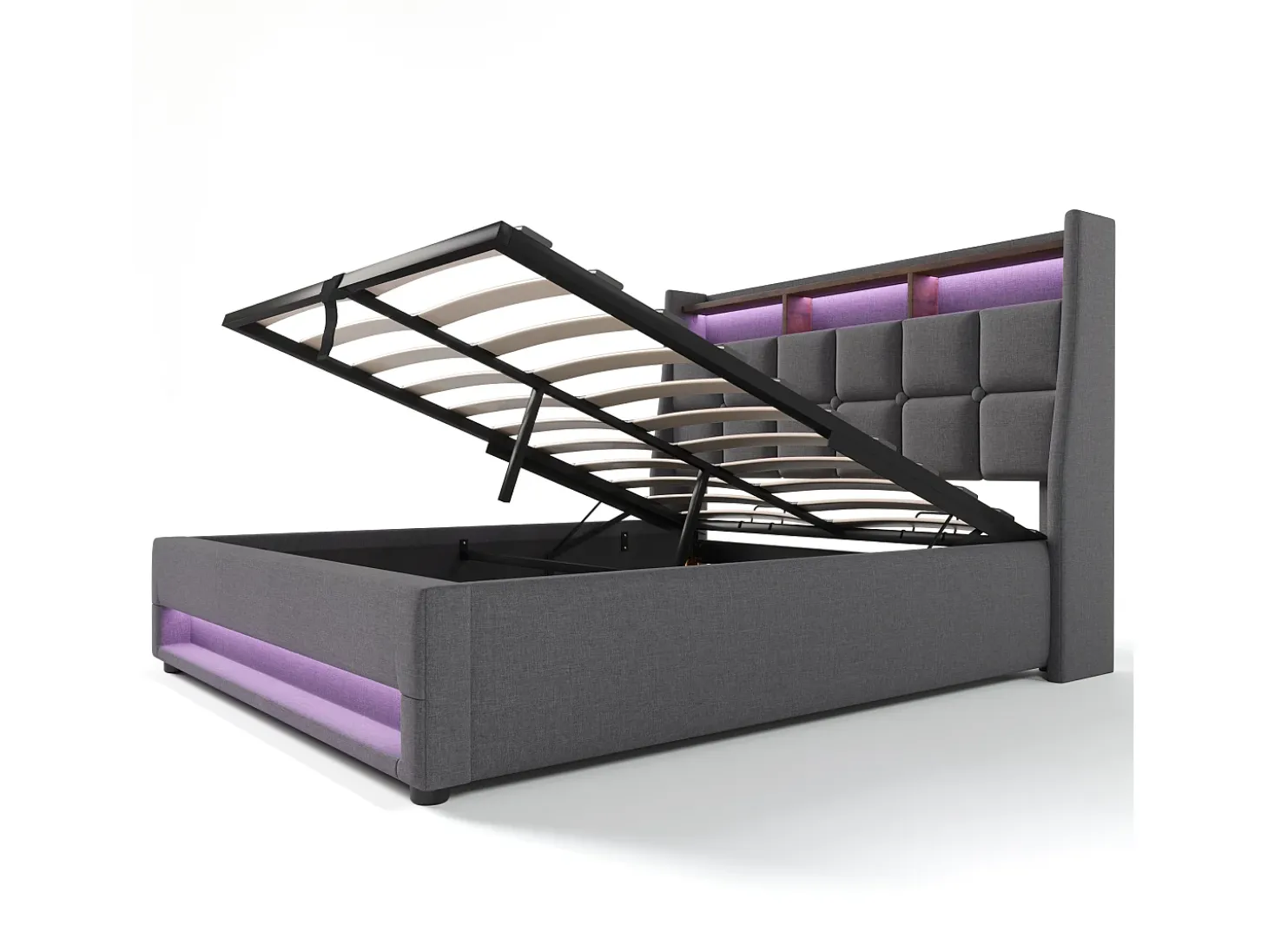 Cama de arrumação em linho 180x200cm com portas LED e USB - base de ripas - cinzento