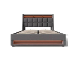 Cama de arrumação em linho 180x200cm com portas LED e USB - base de ripas - cinzento