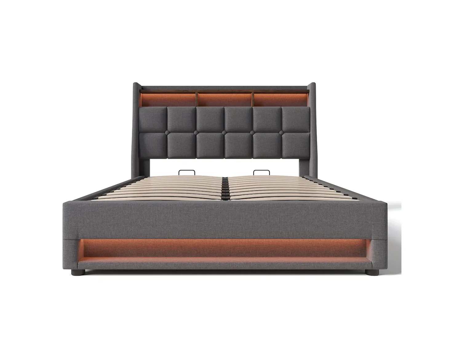 Cama de arrumação em linho 180x200cm com portas LED e USB - base de ripas - cinzento
