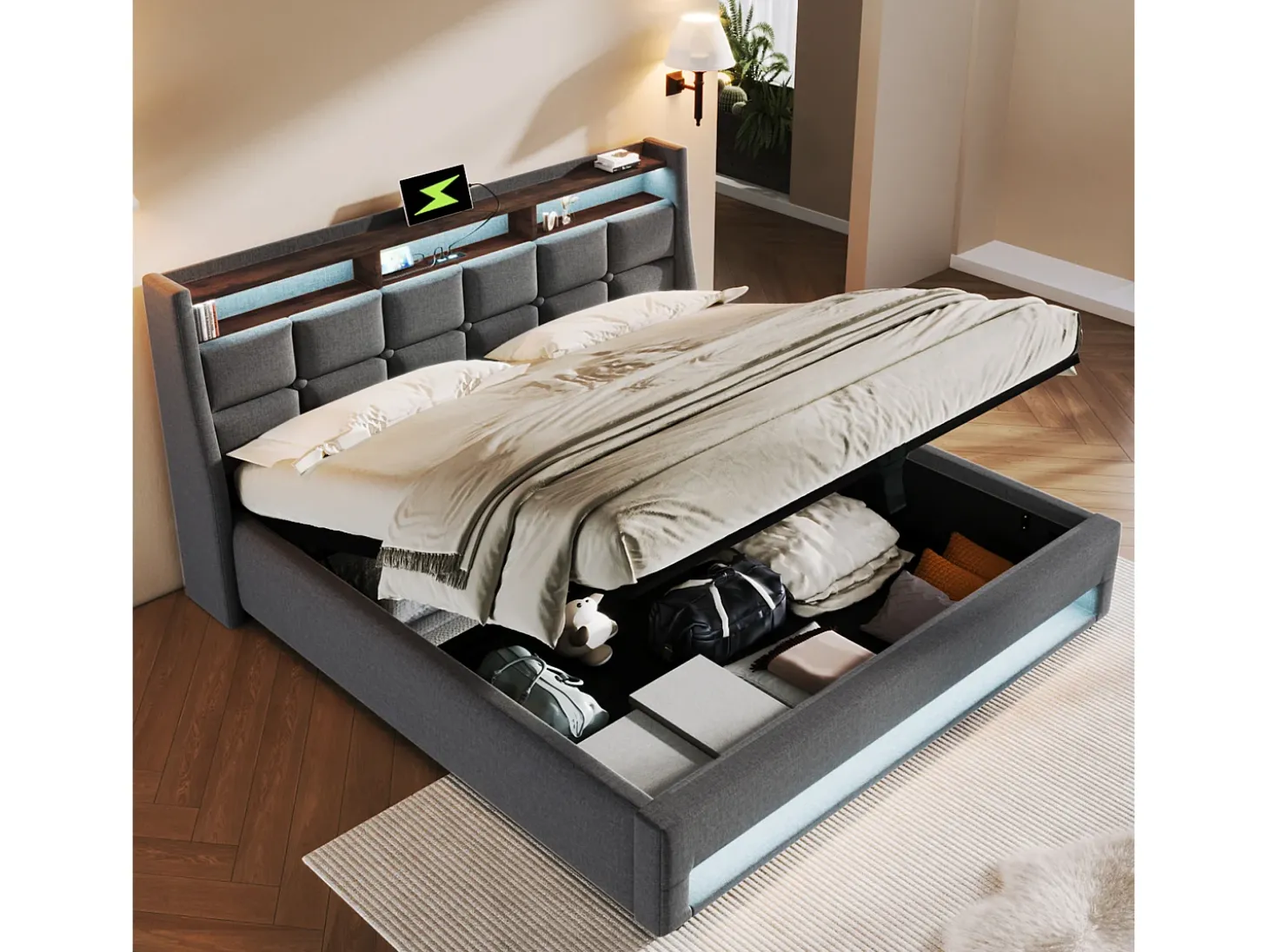 Cama de arrumação em linho 180x200cm com portas LED e USB - base de ripas - cinzento
