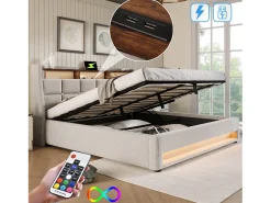 Cama de arrumação em linho 180x200cm com portas LED e USB - base de ripas - bege