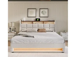 Cama de arrumação em linho 180x200cm com portas LED e USB - base de ripas - bege