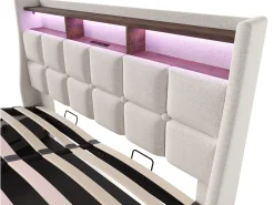 Cama de arrumação em linho 180x200cm com portas LED e USB - base de ripas - bege
