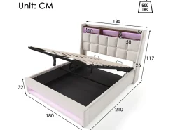 Cama de arrumação em linho 180x200cm com portas LED e USB - base de ripas - bege
