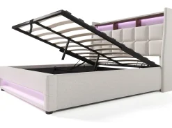 Cama de arrumação em linho 180x200cm com portas LED e USB - base de ripas - bege