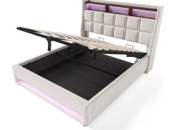 Cama de arrumação em linho 180x200cm com portas LED e USB - base de ripas - bege
