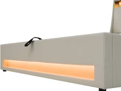 Cama de arrumação em linho 180x200cm com portas LED e USB - base de ripas - bege