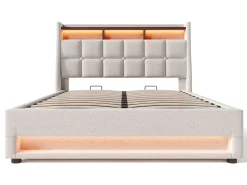 Cama de arrumação em linho 180x200cm com portas LED e USB - base de ripas - bege