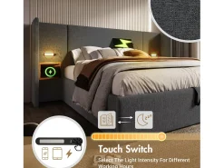 Cama de arrumação em linho 160x200cm - 2 mesas de cabeceira com luz de leitura e função de carregamento - com base de ripas - Cinzento