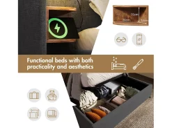 Cama de arrumação em linho 160x200cm - 2 mesas de cabeceira com luz de leitura e função de carregamento - com base de ripas - Cinzento
