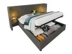 Cama de arrumação em linho 160x200cm - 2 mesas de cabeceira com luz de leitura e função de carregamento - com base de ripas - Cinzento