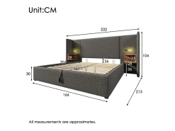 Cama de arrumação em linho 160x200cm - 2 mesas de cabeceira com luz de leitura e função de carregamento - com base de ripas - Cinzento