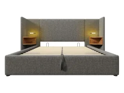 Cama de arrumação em linho 160x200cm - 2 mesas de cabeceira com luz de leitura e função de carregamento - com base de ripas - Cinzento