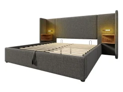 Cama de arrumação em linho 160x200cm - 2 mesas de cabeceira com luz de leitura e função de carregamento - com base de ripas - Cinzento