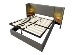 Cama de arrumação em linho 160x200cm - 2 mesas de cabeceira com luz de leitura e função de carregamento - com base de ripas - Cinzento
