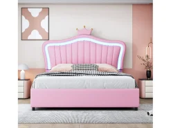 Cama de arrumação em pele sintética 140x200 cm - com LED e base de ripas - Rosa