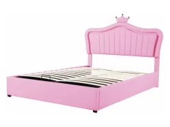 Cama de arrumação em pele sintética 140x200 cm - com LED e base de ripas - Rosa